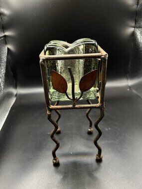 Rustic Handblown Green Glass Vase Metal Leaf Stand Wavy Legs Rust Patina Vintage